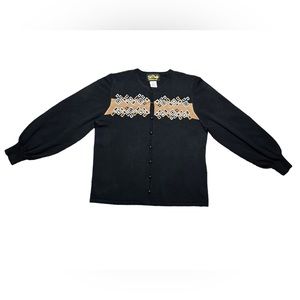 Bob Mackie black cardigan sweater with brown & tan embroidered details size med